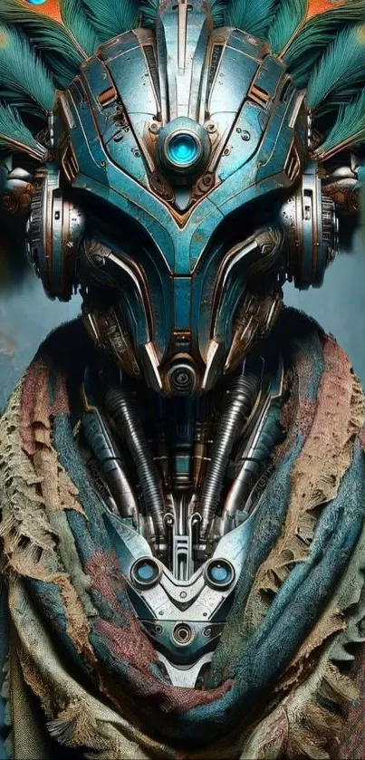 Futuristic cyber warrior with teal and metallic hues.