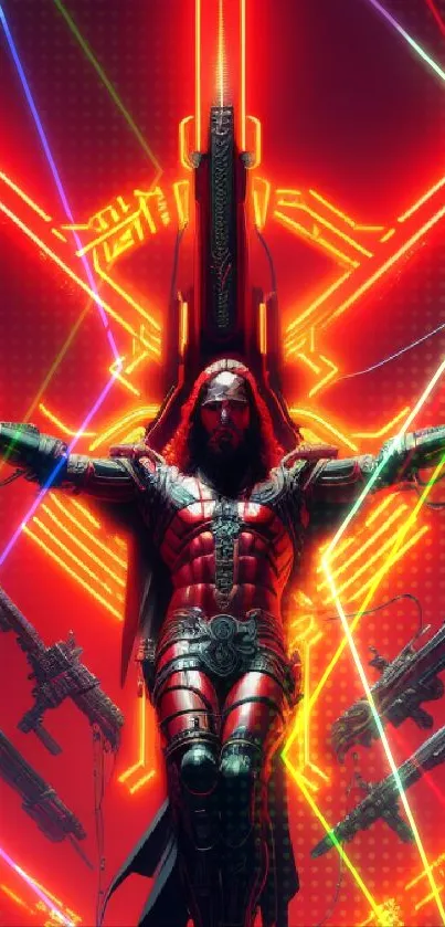 Futuristic neon red cyber warrior wallpaper with intense digital design.