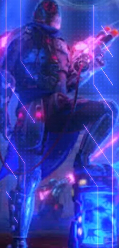 Futuristic cyber warrior with neon accents in vibrant blue tones.