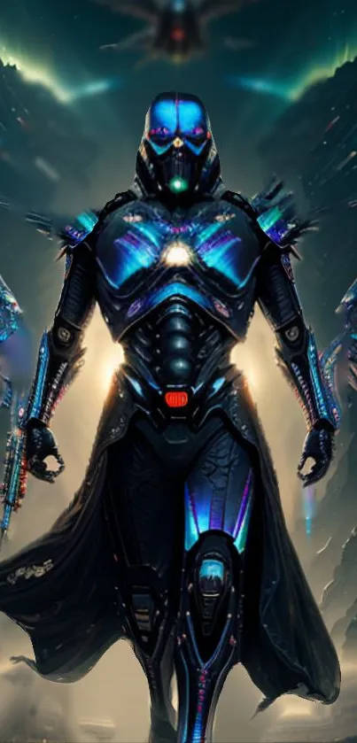 Futuristic cyber warrior with neon blue armor and wings in a sci-fi setting.