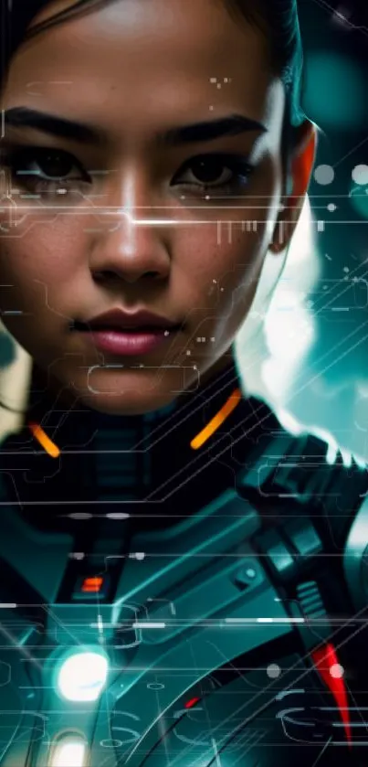 Futuristic female warrior in cyber armor with a digital interface background.