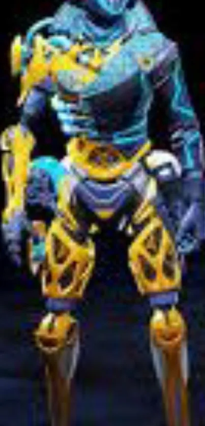 Futuristic cyber warrior with blue and yellow armor on dark background.