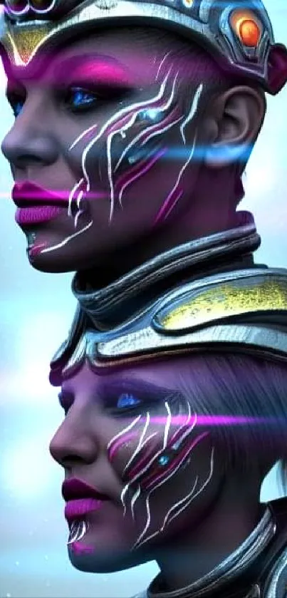 Futuristic cyber warriors in detailed face art, vibrant colors.