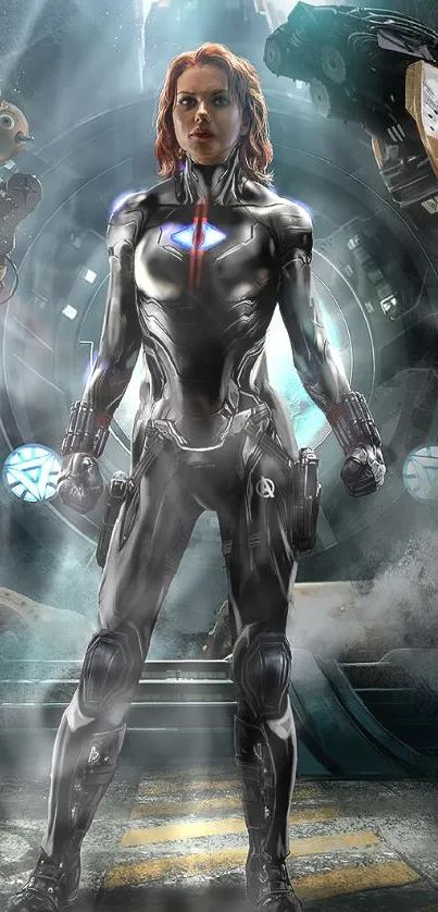 Futuristic warrior in a dark industrial sci-fi setting, perfect for mobile wallpaper.