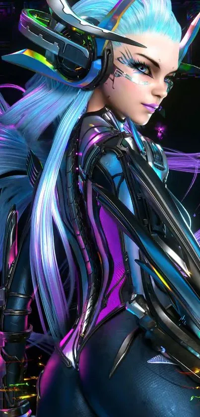 Futuristic cyber character with blue hair and neon accents.