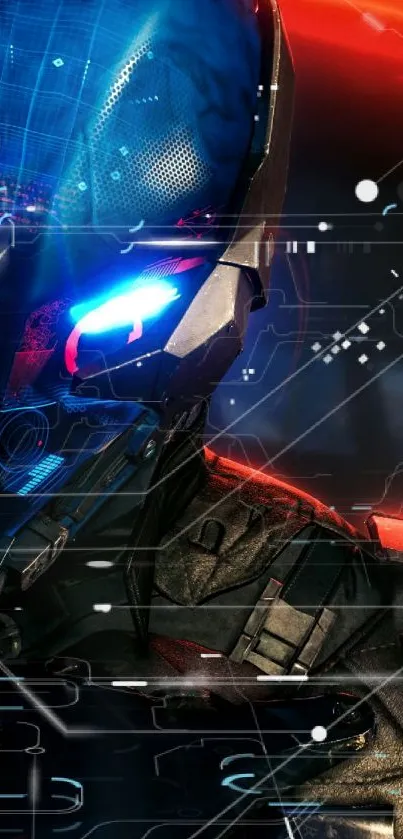 Futuristic cyber warrior with blue and red highlights on mobile wallpaper.