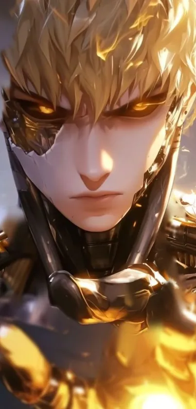 Futuristic anime warrior with golden hues and intense expression