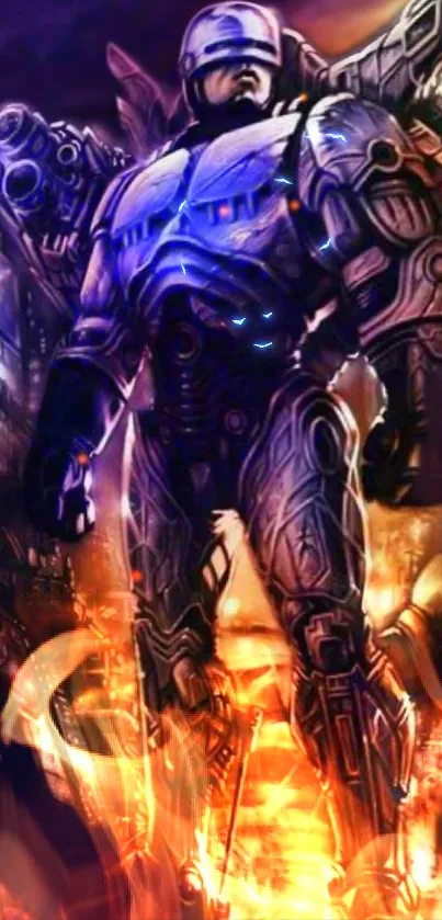 Depiction of a futuristic cyber warrior in a fiery cityscape.