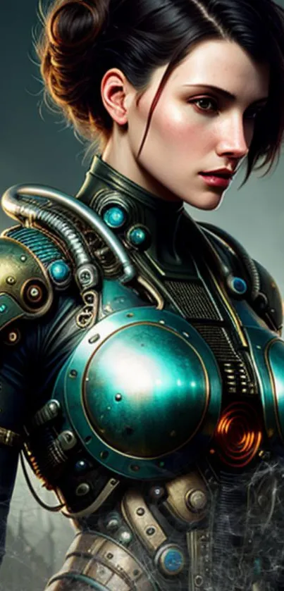 Futuristic cyber warrior in intricate teal armor.