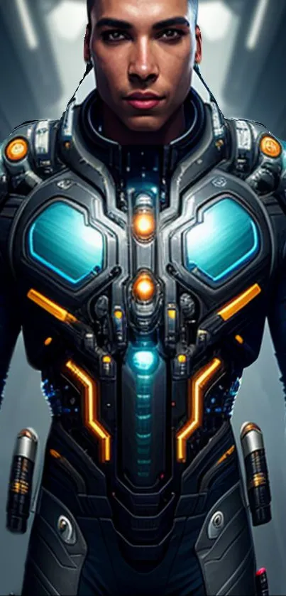 Futuristic cyber warrior with blue armor and lights.