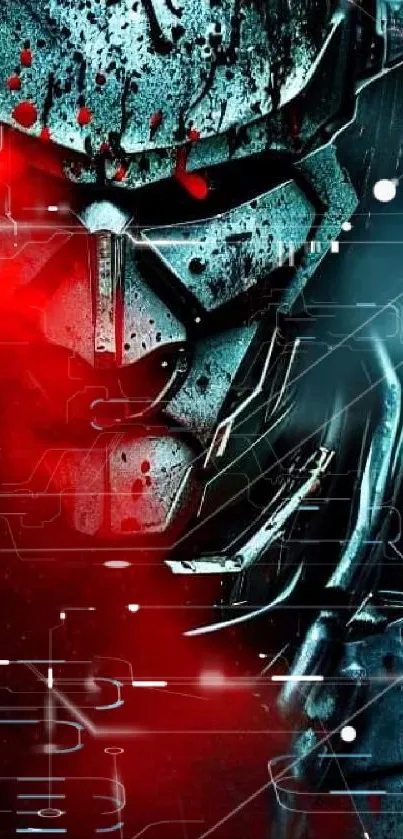 Futuristic cyber warrior with red highlights on a metallic backdrop.