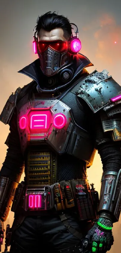 Futuristic warrior in neon armor with urban background