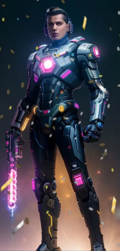 Futuristic cyborg warrior with neon lights and advanced armor.