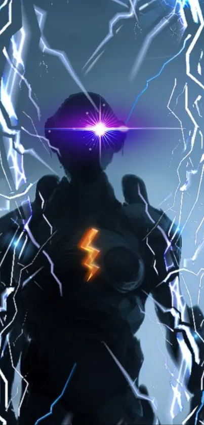 Futuristic cyber warrior with lightning effects on a blue background.