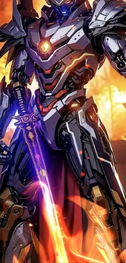 Futuristic cyber warrior with flame effects in vivid colors.