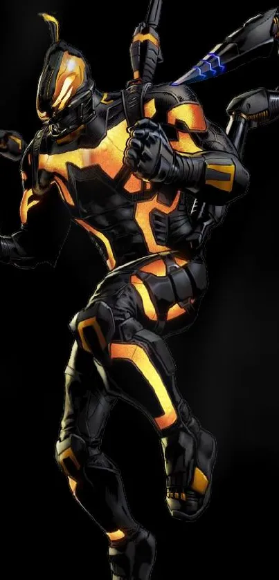 Futuristic cyber warrior in black and yellow armor.