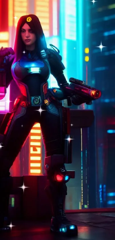 Futuristic cyber warrior surrounded by neon city lights.