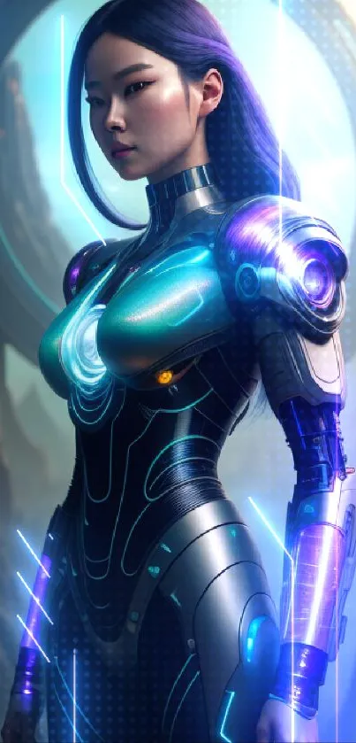 Cyber warrior with neon purple accents in a sci-fi landscape.