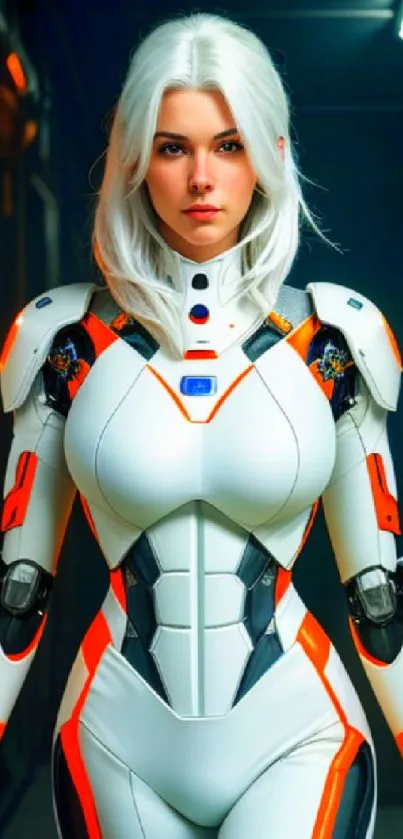 Futuristic warrior in white and orange armor on a mobile wallpaper.