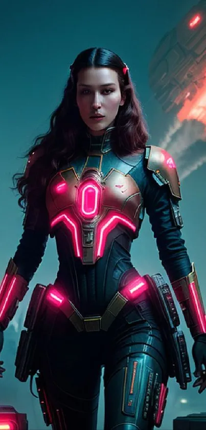 Futuristic cyber warrior with neon lights and space backdrop.