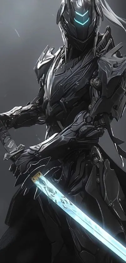 Futuristic cybernetic warrior with glowing sword.