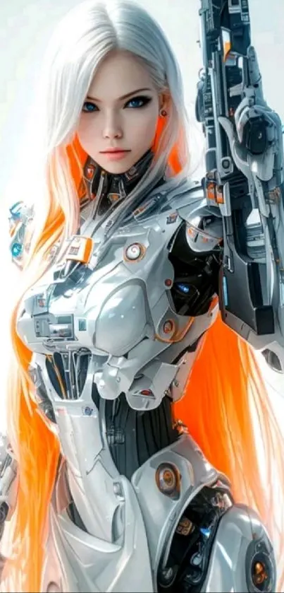 Futuristic cyber warrior with silver armor and orange hair on a vibrant wallpaper.