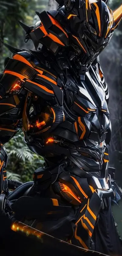 Futuristic cyber warrior in black and orange armor in a rainforest.