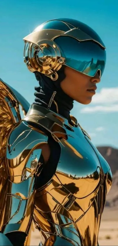 Futuristic gold armored warrior with wings in a desert setting.