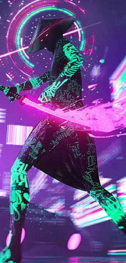 Futuristic cyber warrior in neon colors, ready for action.
