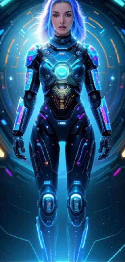 Futuristic female warrior with glowing armor in digital realm.