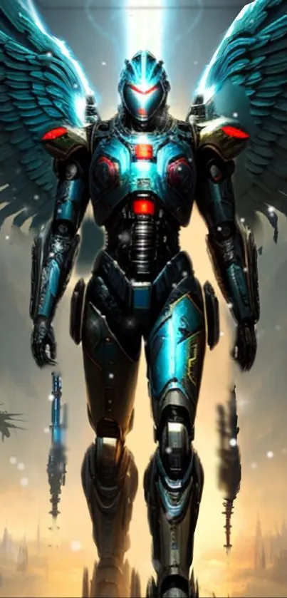 Futuristic cyber warrior with wings, digital art wallpaper.