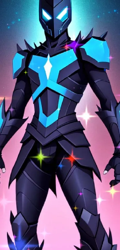 Futuristic cyber warrior with blue armor on vibrant background.