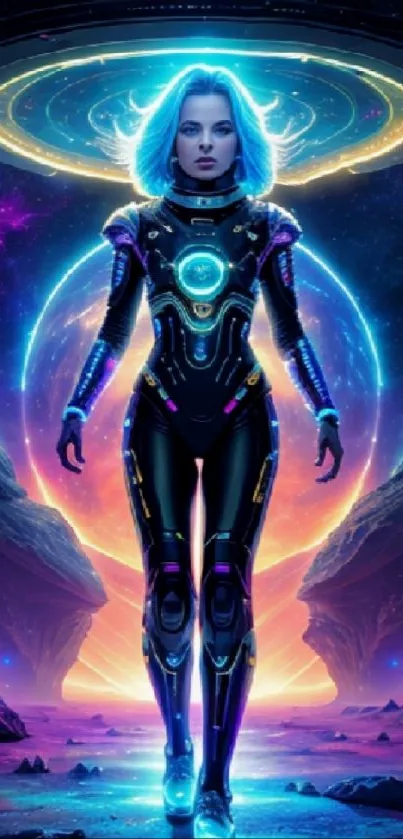 Futuristic cyber warrior in neon space setting wallpaper.