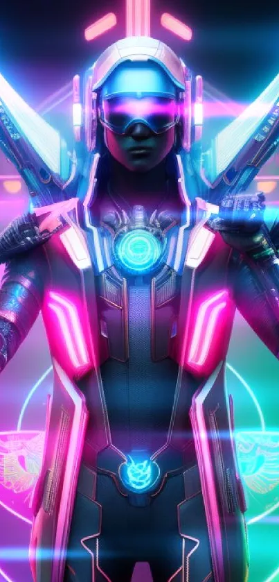 Futuristic cyber warrior with neon armor and a vibrant digital background.