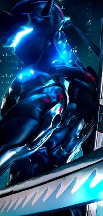 Futuristic warrior in neon-lit cityscape.