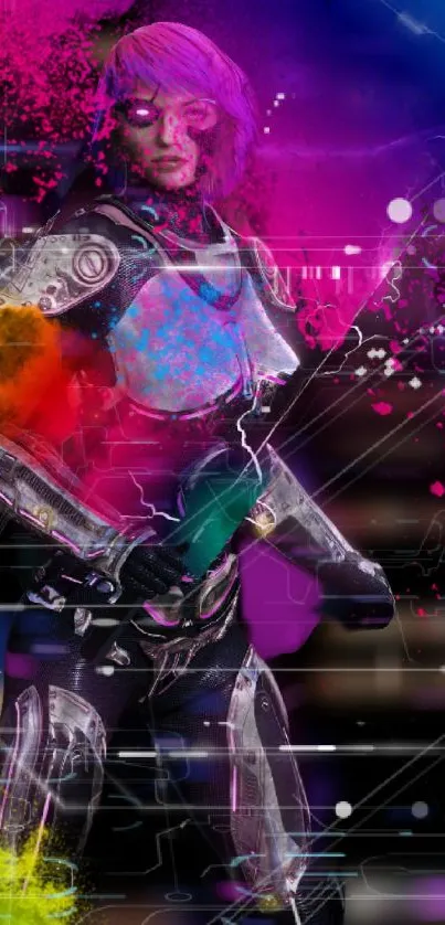Futuristic cyber warrior with neon colors.