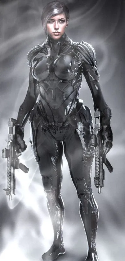 Futuristic cyber warrior in sleek armor holding weapons.