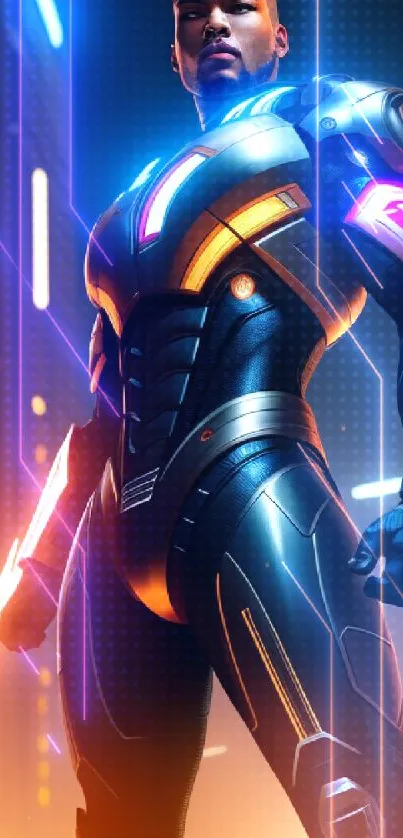 Futuristic cyber warrior in neon cityscape with vibrant, glowing armor.