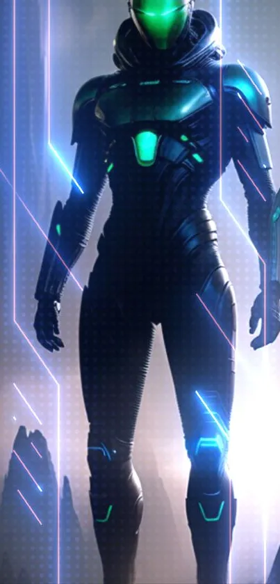Futuristic cyber warrior with neon accents against a moody landscape.