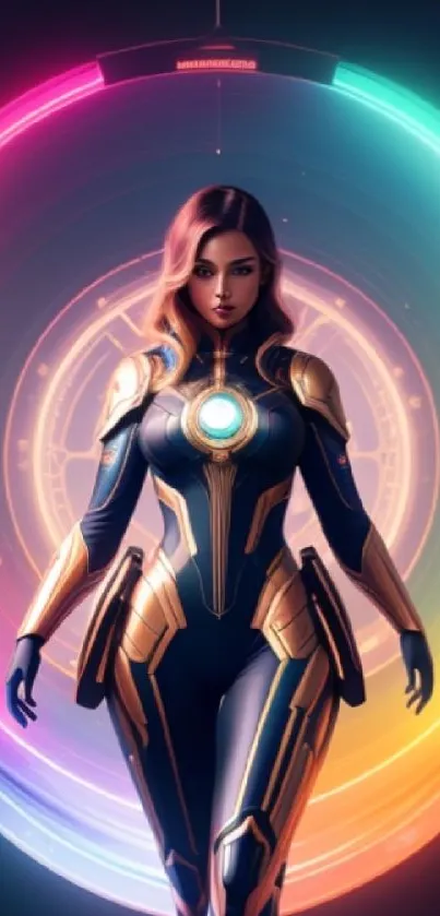 Futuristic cyber warrior with neon armor set against a dark, colorful backdrop.