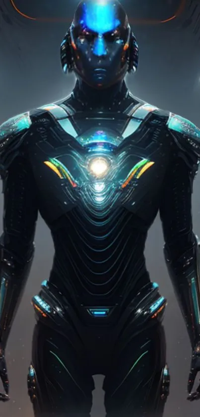 Futuristic cyber warrior with glowing lights.