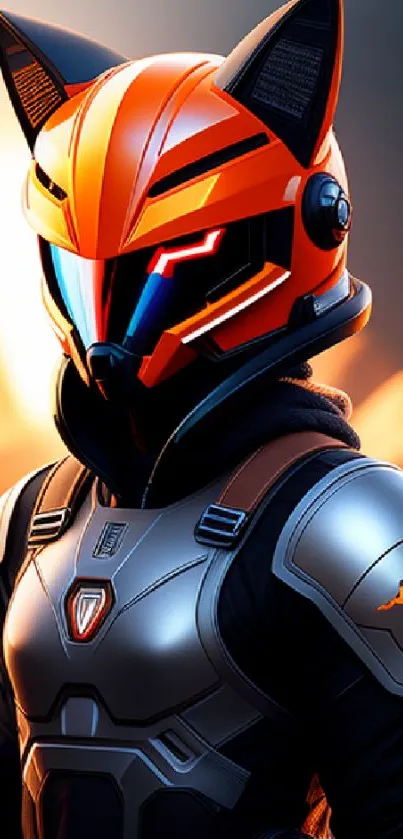 Futuristic cyber warrior in vibrant orange armor against a tech-inspired backdrop.