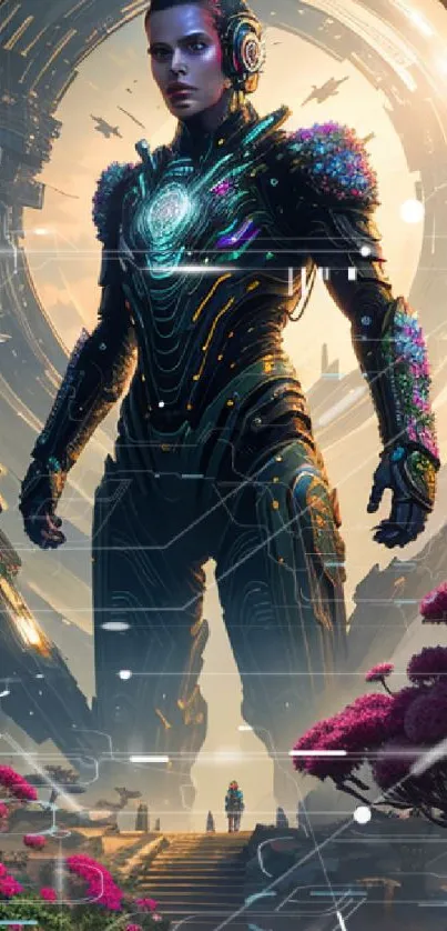 Futuristic figure in nature-themed armor amidst a vibrant sci-fi landscape.