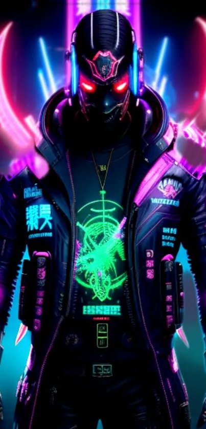 Neon cyber warrior with futuristic design and vibrant colors.