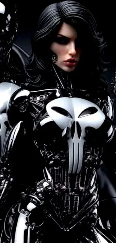 Futuristic cybernetic warrior with metallic armor and a dark theme.