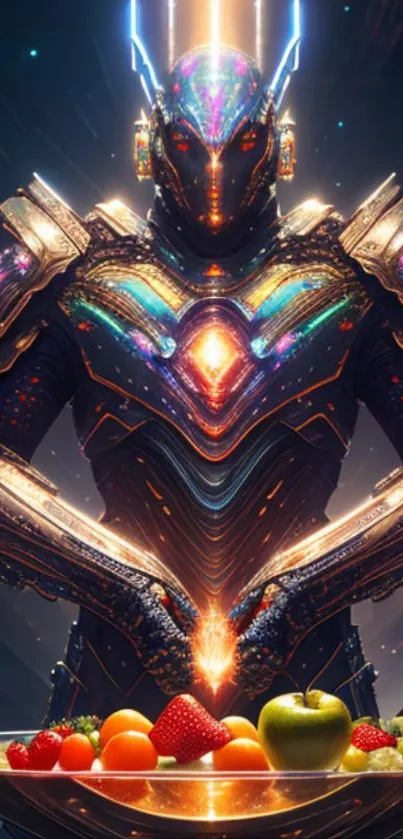 Futuristic cyber warrior with neon armor holding a glowing fruit bowl.