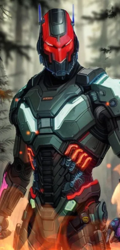 Futuristic cyber warrior in forest scenery.
