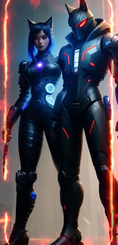 Futuristic cyber warriors in sleek armor, standing in a modern cityscape.