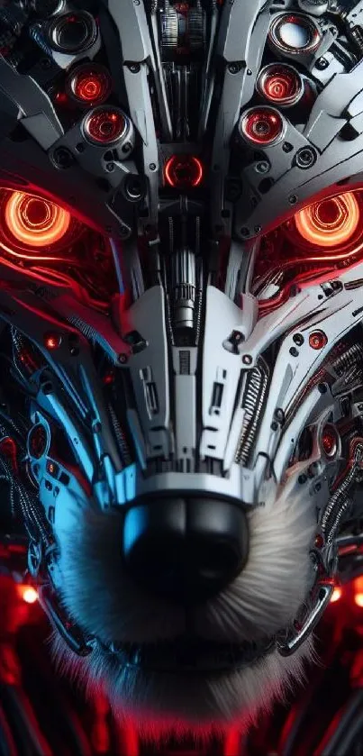 Futuristic cyber wolf with red glowing eyes.