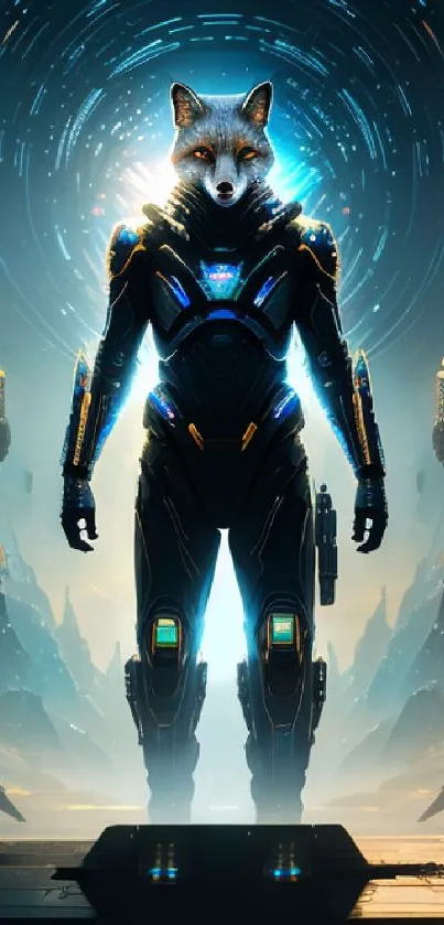 Futuristic cybernetic wolf in a sci-fi setting.